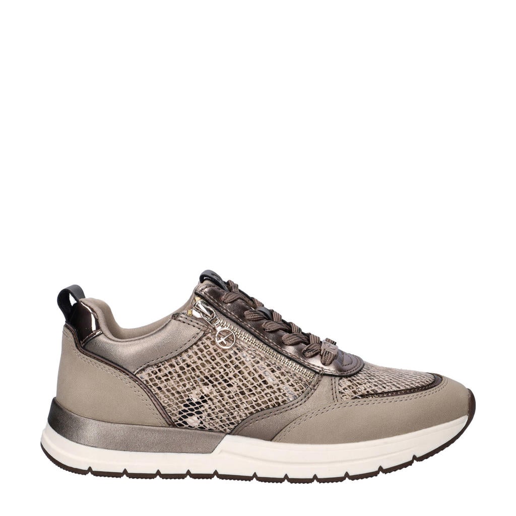 Taupe dames Tamaris sneakers van imitatieleer met rits- en vetersluiting