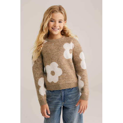 WE Fashion gebloemde sweater lichtbruin afbeelding