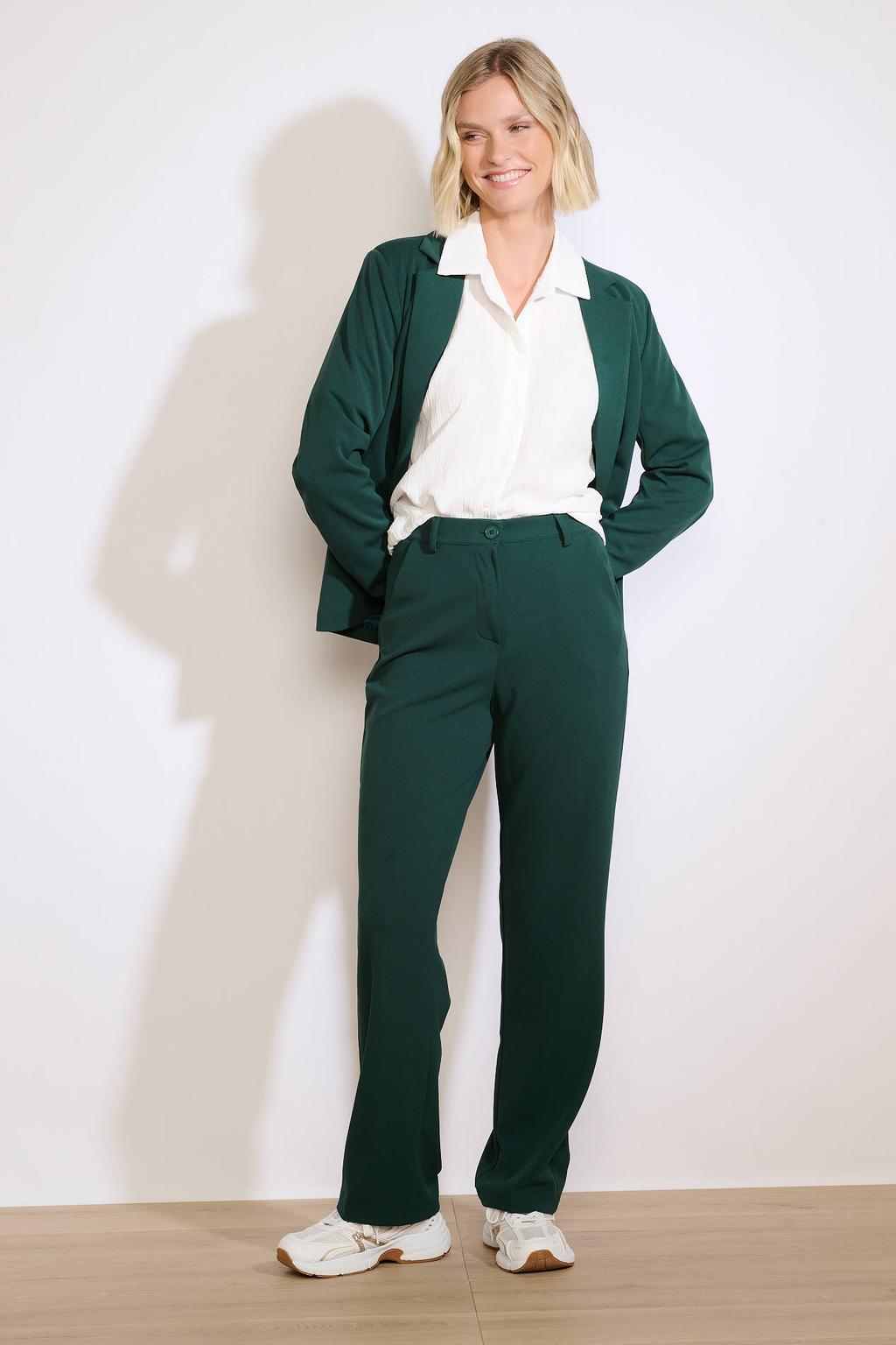Donkergroene dames LOLALIZA flared pantalon van polyester met regular waist, rits- en knoopsluiting en effen