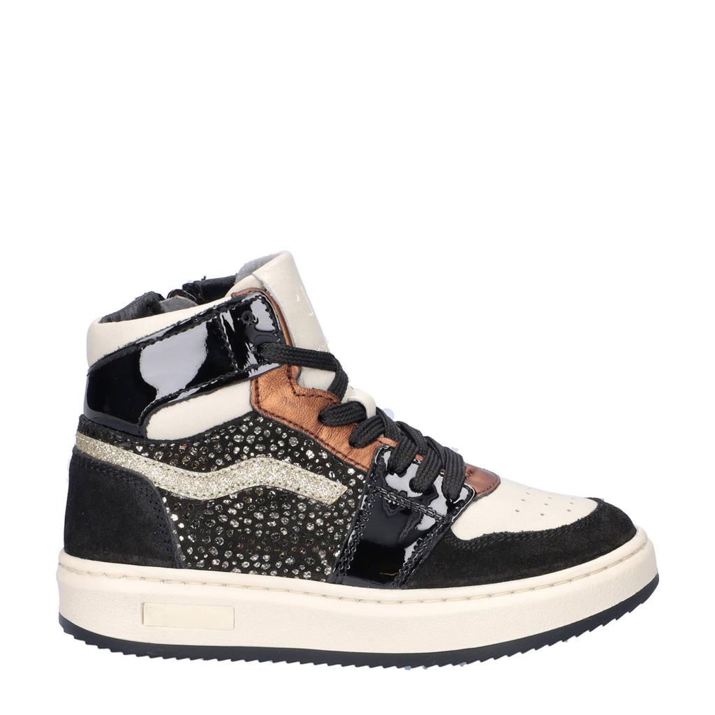 Zwart en multikleurige meisjes Nelson Kids leren sneakers met rits- en vetersluiting