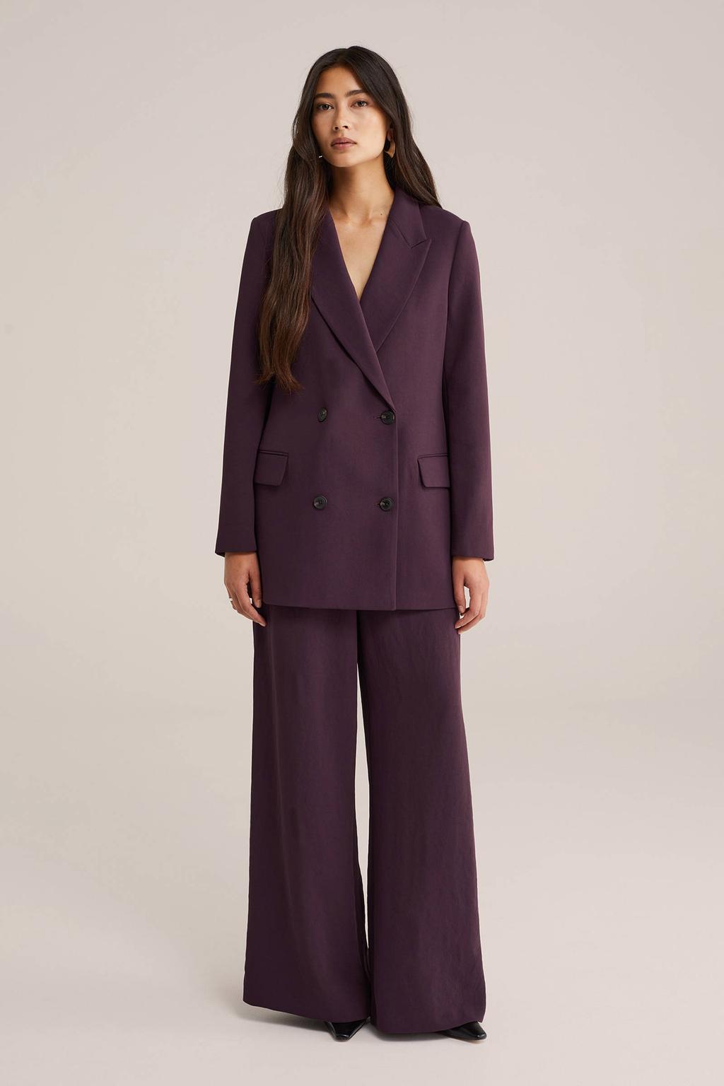 Aubergine dames WE Fashion wide leg regular waist broek met loose fit, rits, haak- en knoopsluiting en effen