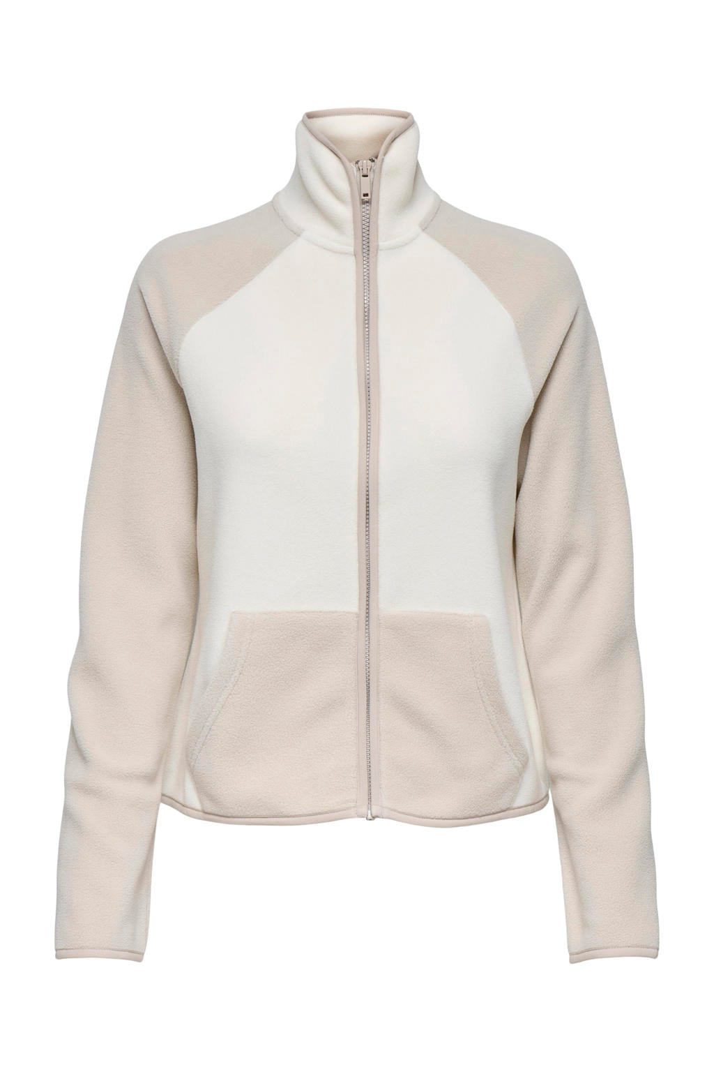 Beige dames ONLY PLAY fleece vest met meerkleurige print, lange mouwen, opstaande kraag en ritssluiting