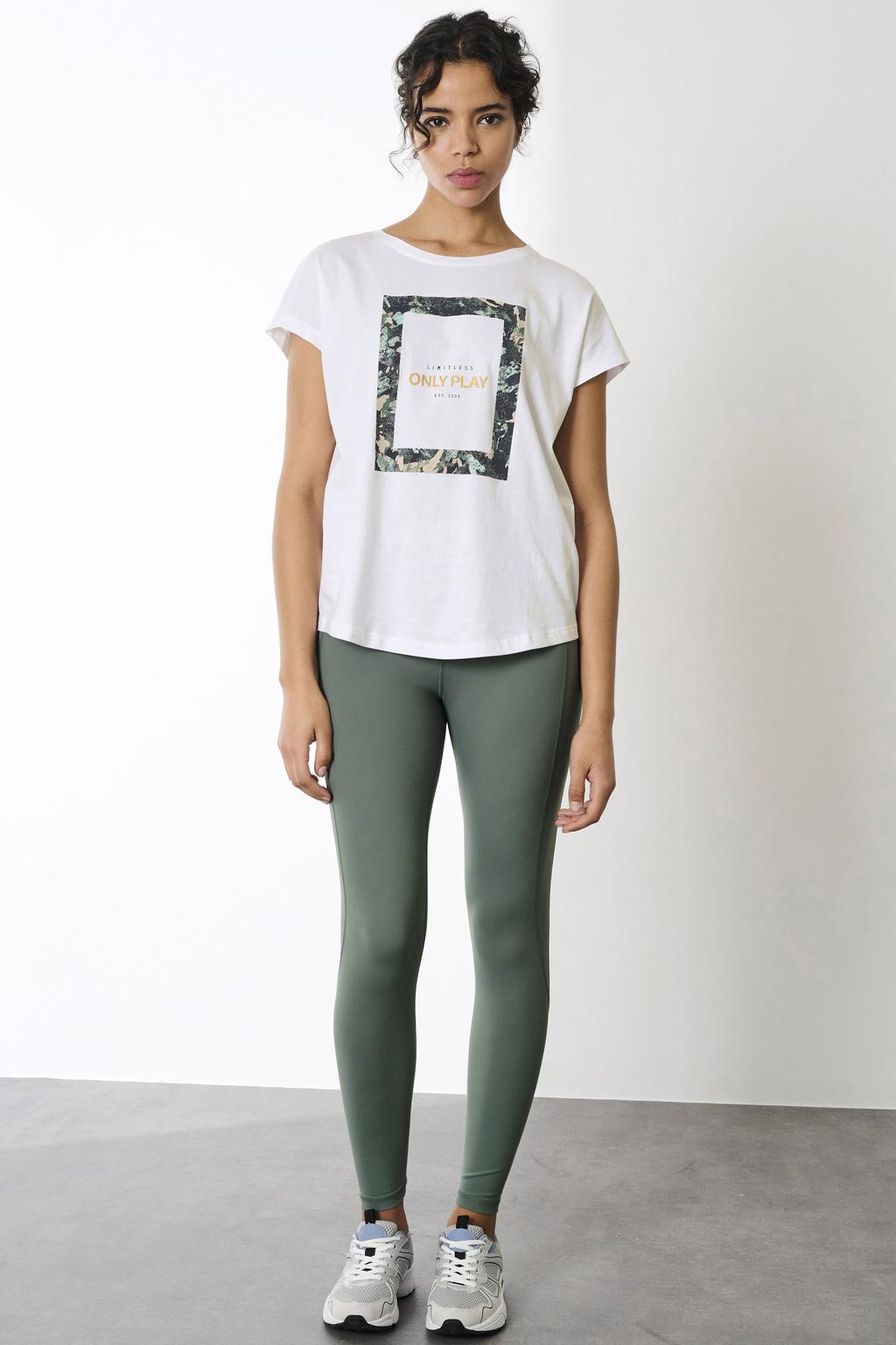 Witte dames ONLY PLAY sport T-shirt ONPAUB van katoen met korte mouwen en ronde hals