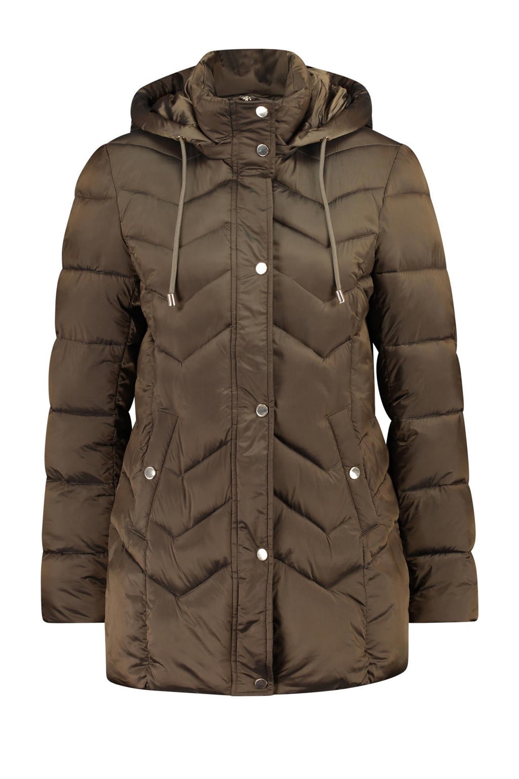Donkergroene dames Maura by Claudia Strater gewatteerde jas van polyester met effen, lange mouwen, capuchon, rits- en knoopsluiting en geweven detail