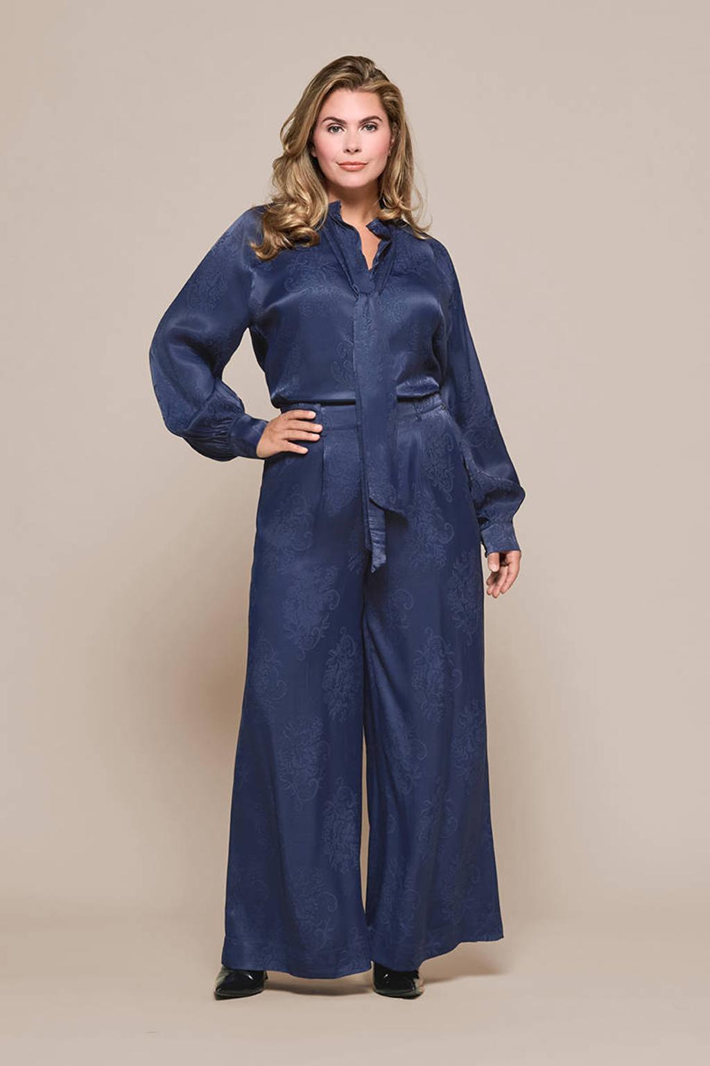 Marineblauw dames Mart Visser blousetop blauw met effen, lange mouwen, strikkraag en jacquard