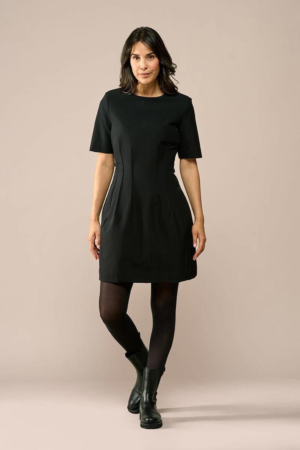 Zwarte dames Mart Visser X Caroline Tensen jurk van nylon met effen, korte mouwen en ronde hals