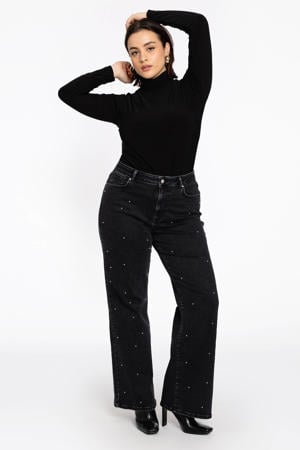 high waist wide leg jeans black denim met parels