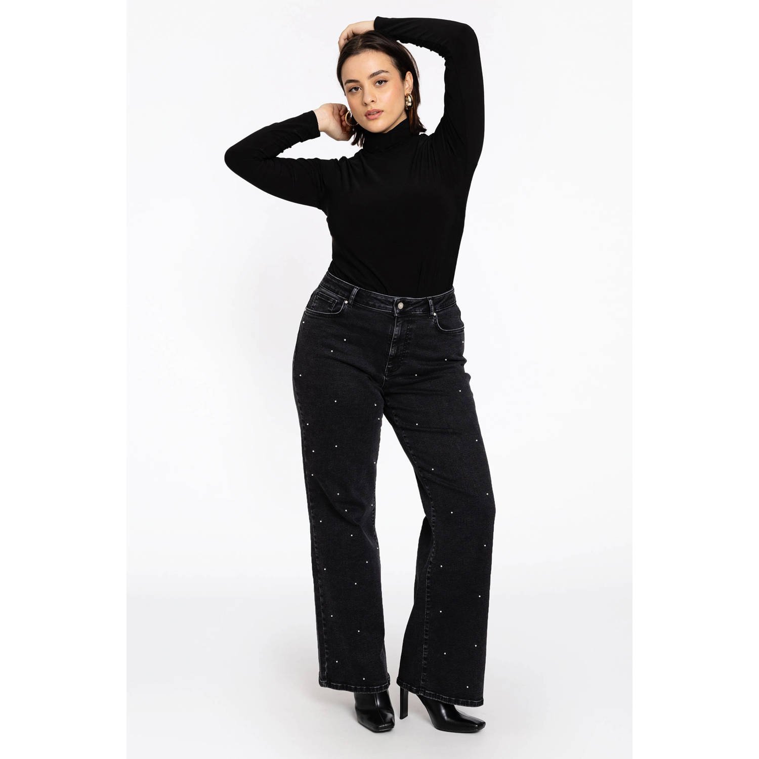 YOEK high waist wide leg jeans black denim met parels