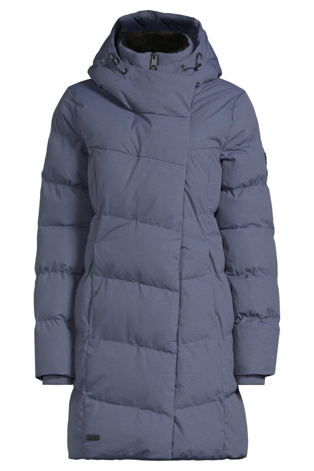 Blauwe dames Ragwear gewatteerde jas van katoen met effen, lange mouwen, capuchon en ritssluiting