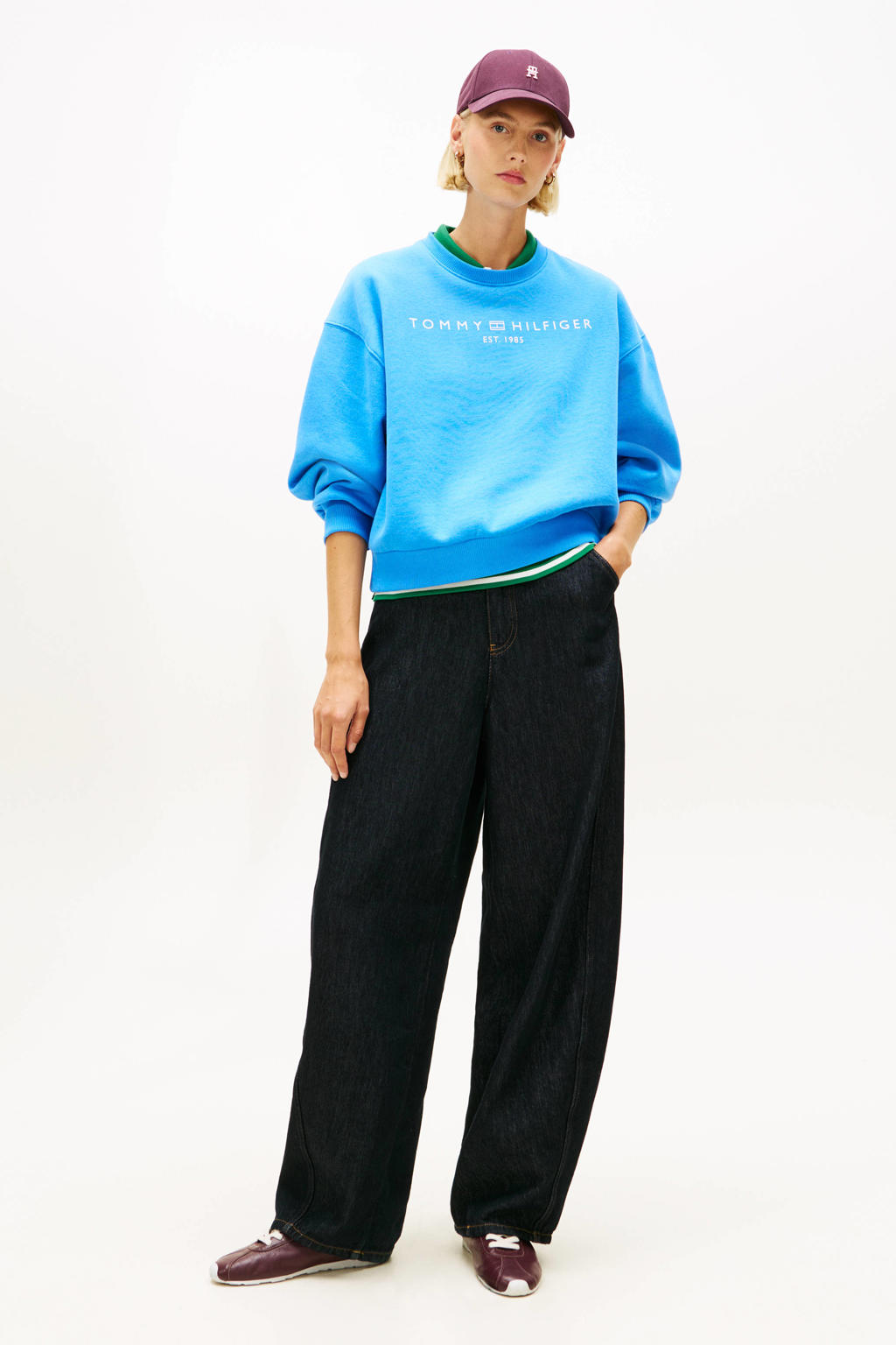 Blauwe dames Tommy Hilfiger sweater van katoen met logo dessin, lange mouwen, ronde hals en geribde boorden