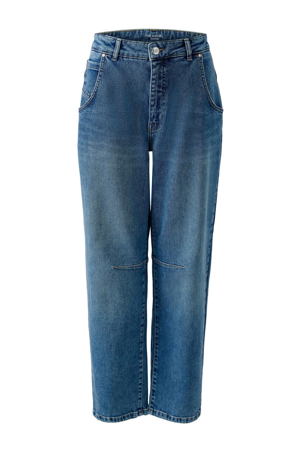 Medium blue denim dames OUI high waist barrel jeans van denim met rits- en knoopsluiting en effen