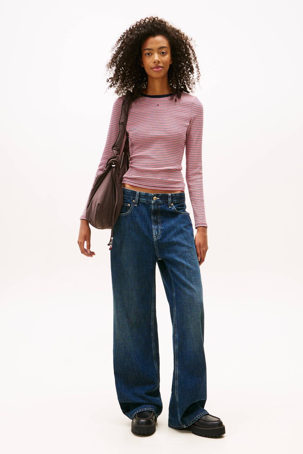 Rood, zwart en witte dames Tommy Jeans top met effen, lange mouwen en ronde hals
