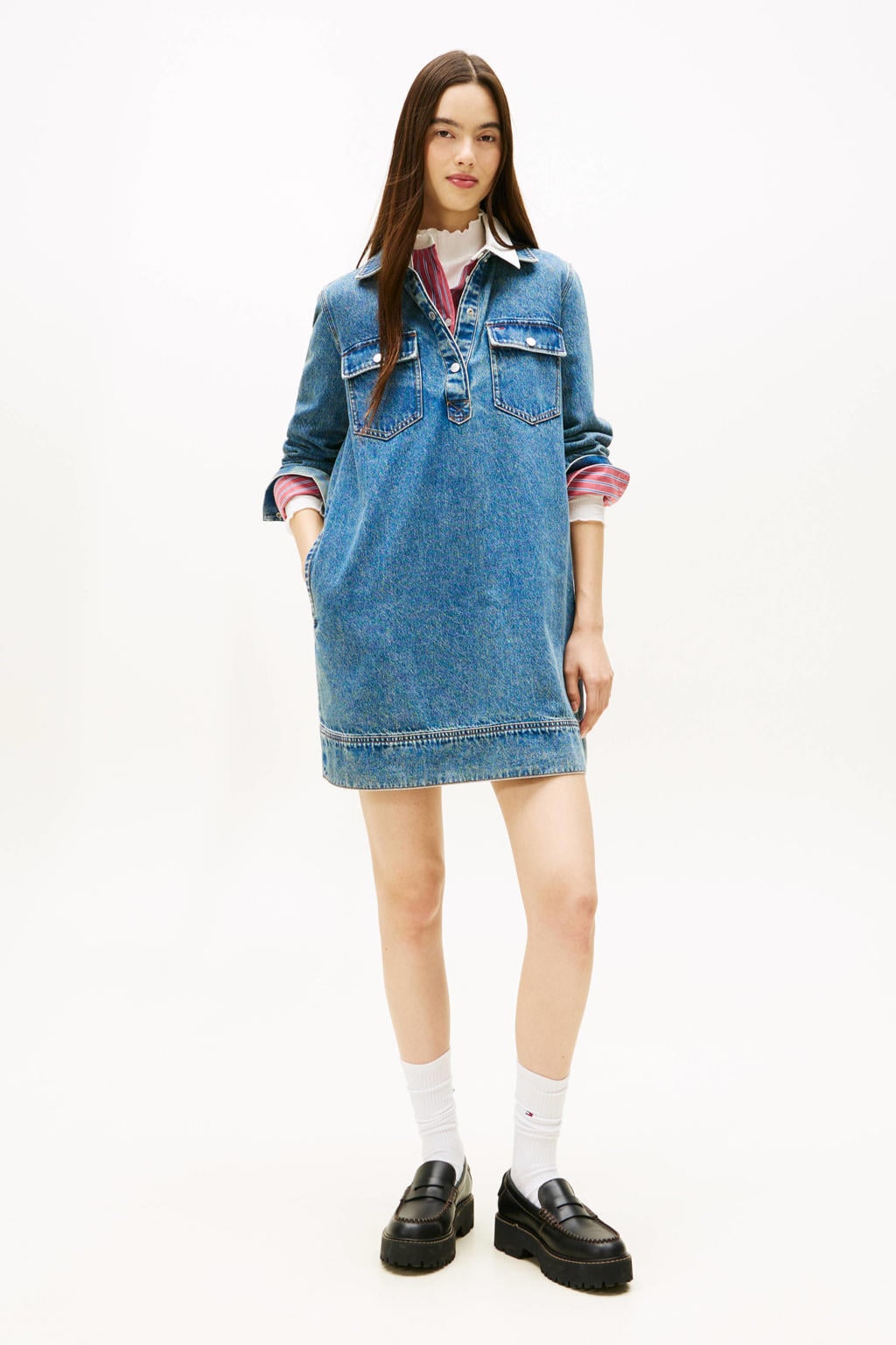 Medium blue denim dames Tommy Jeans spijkerjurk van denim met effen, lange mouwen en klassieke kraag