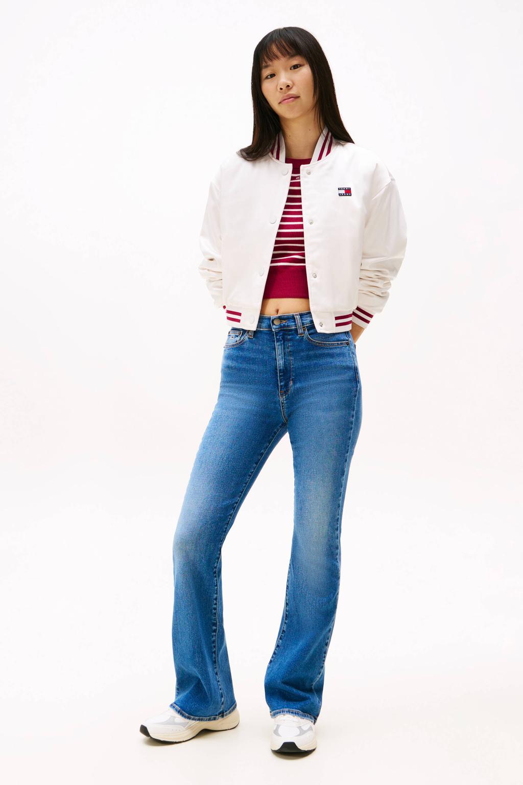 Medium blue denim dames Tommy Jeans high waist flared jeans van denim met rits- en knoopsluiting en effen