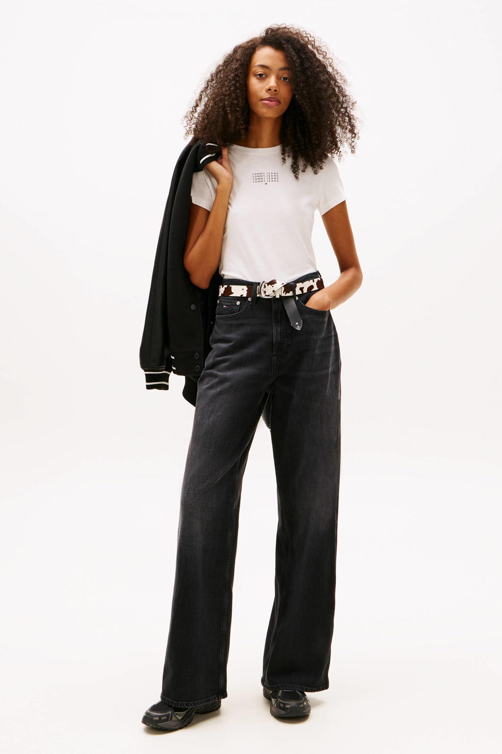 Black denim dames Tommy Jeans wide leg jeans black van denim met rits- en knoopsluiting en effen