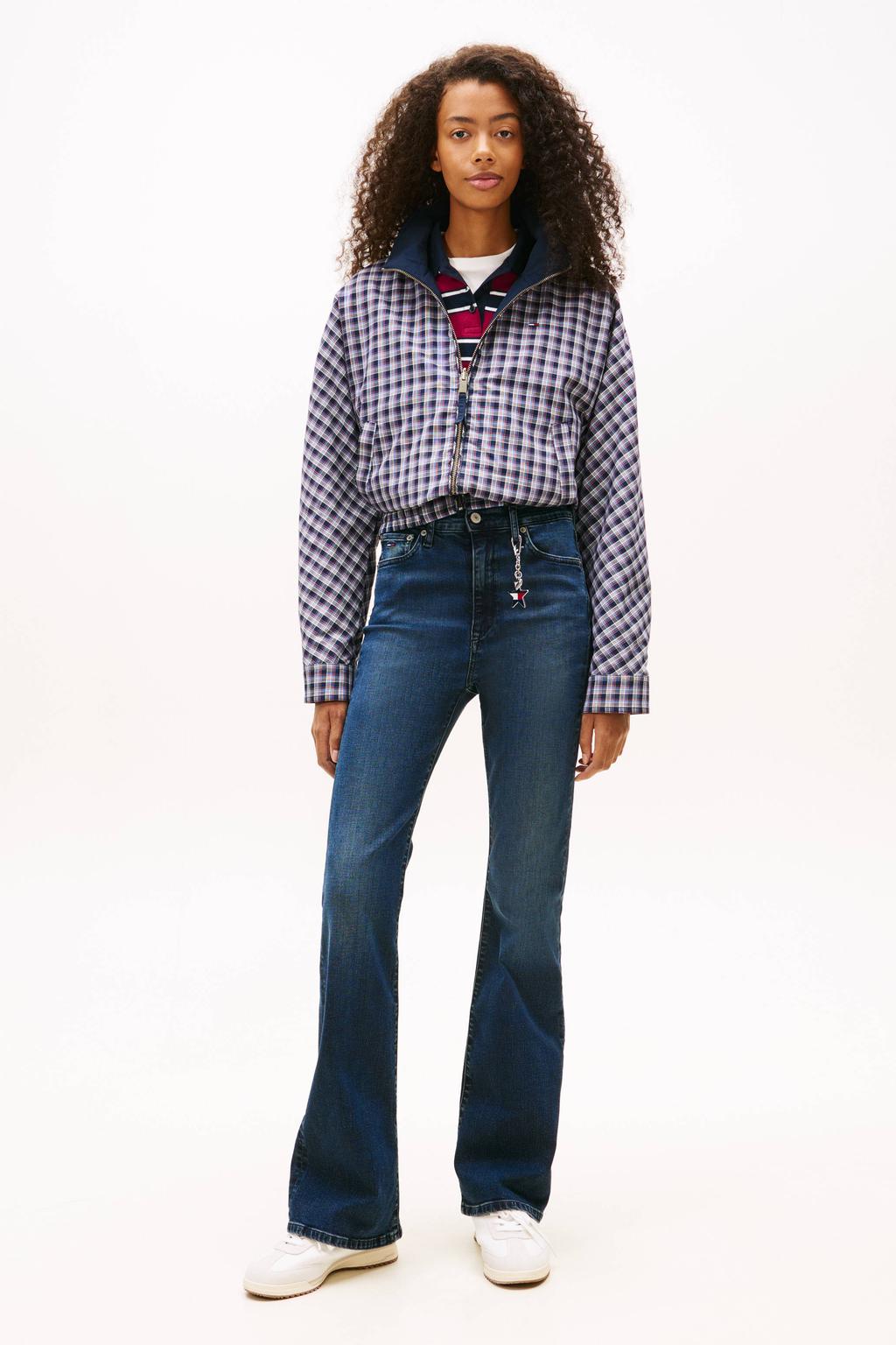 Dark blue denim dames Tommy Jeans high waist flared jeans dark blue van denim met rits- en knoopsluiting en effen