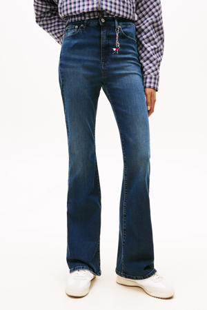 high waist flared jeans dark blue denim