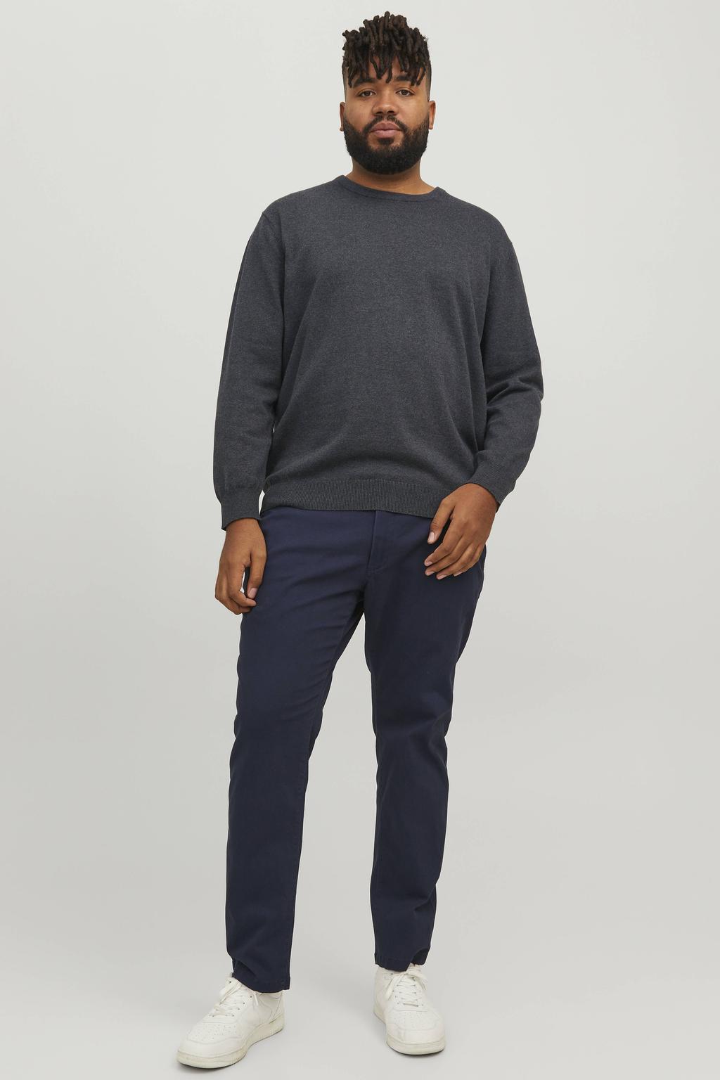 Antraciete heren JACK & JONES PLUS SIZE pullover fijn gebreid Plus Size van katoen met effen en lange mouwen