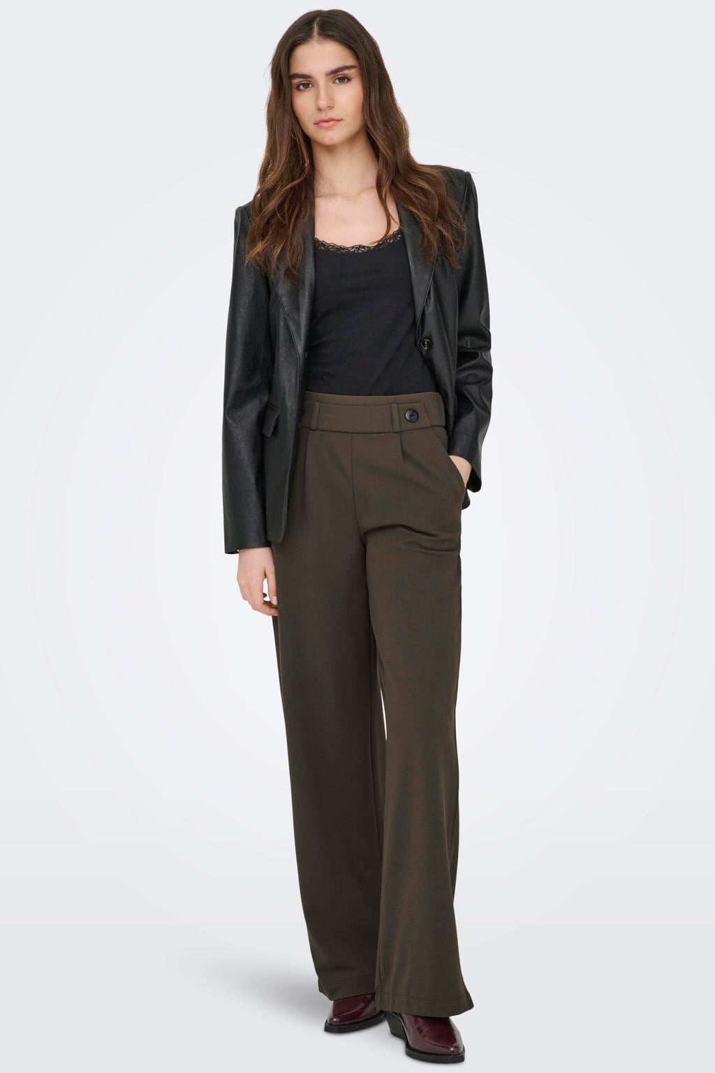 Donkerblauwe dames JDY wide leg regular waist palazzo broek van jersey met effen