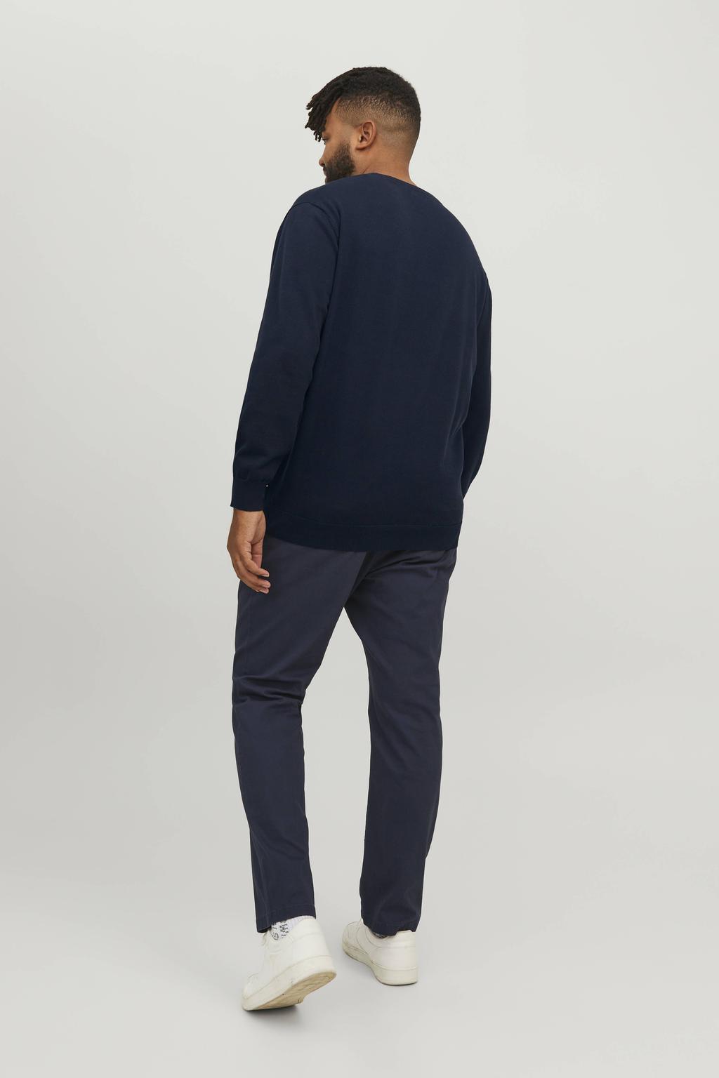 Donkerblauwe heren JACK & JONES PLUS SIZE pullover fijn gebreid Plus Size van katoen met effen en lange mouwen