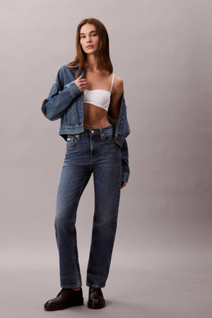 high waist straight leg jeans medium blue denim