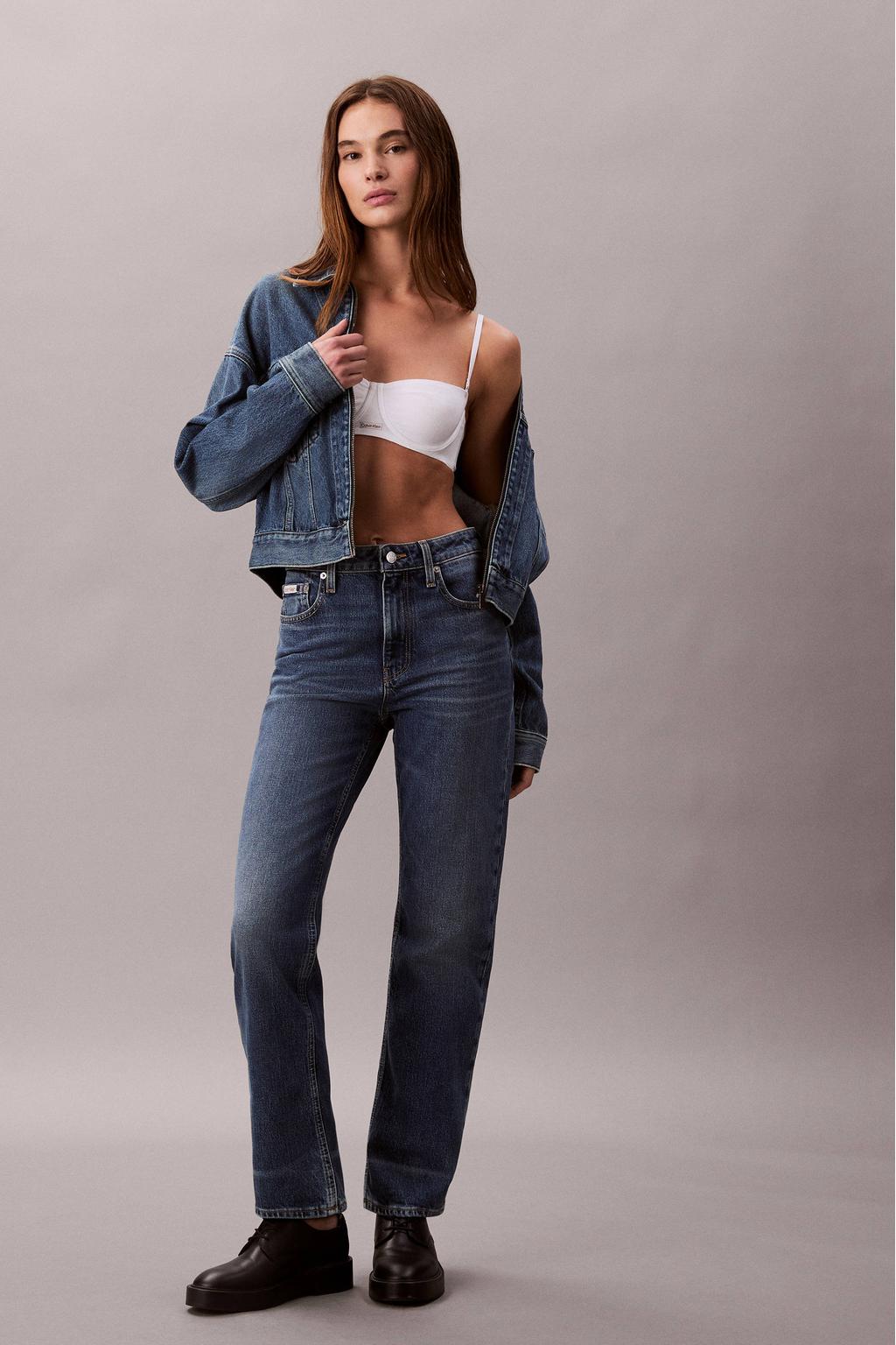Medium blue denim dames CALVIN KLEIN JEANS high waist straight leg jeans van denim met rits- en knoopsluiting en effen