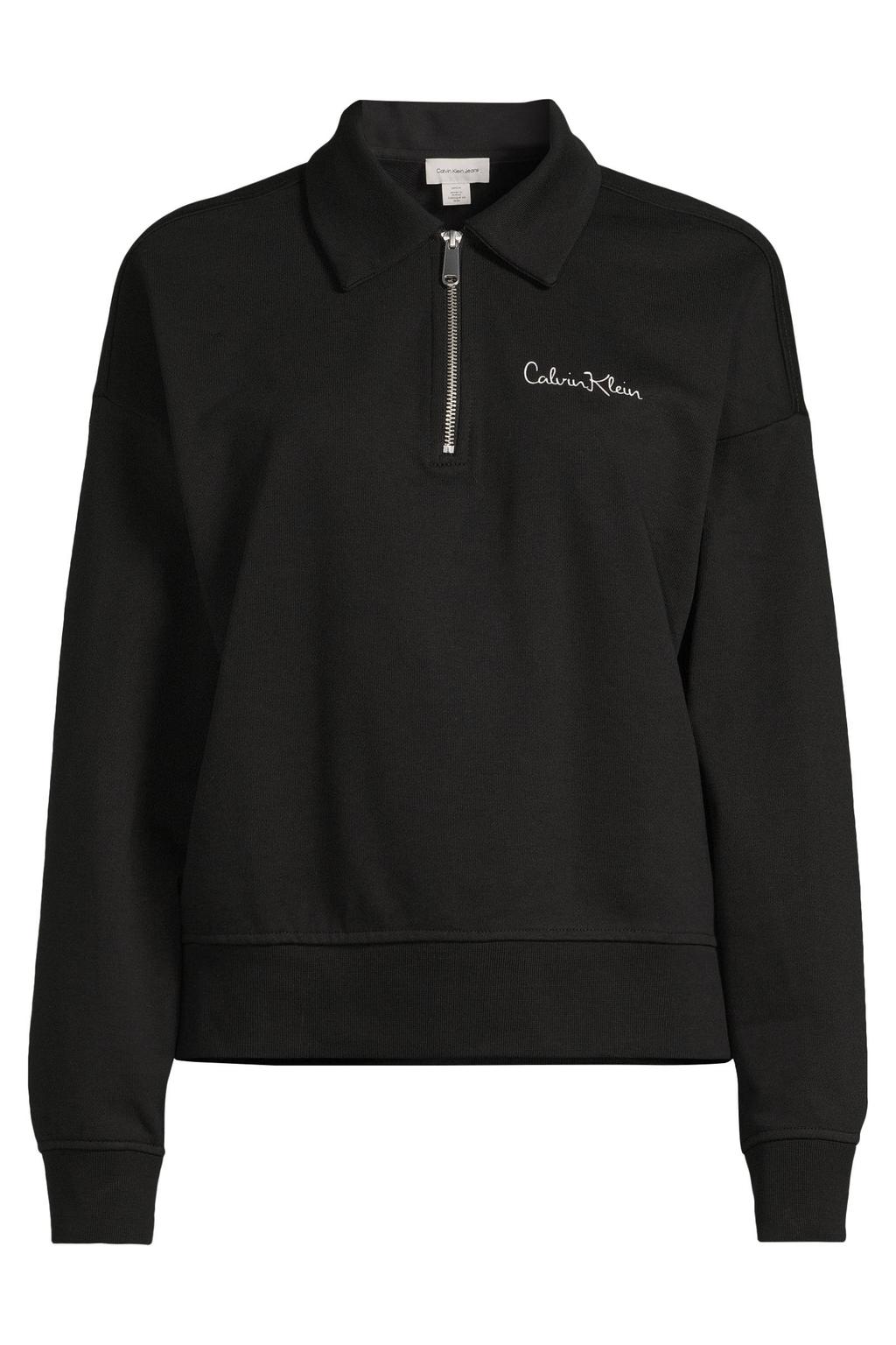 Zwarte dames CALVIN KLEIN JEANS sweater met effen, lange mouwen, klassieke kraag en ritssluiting