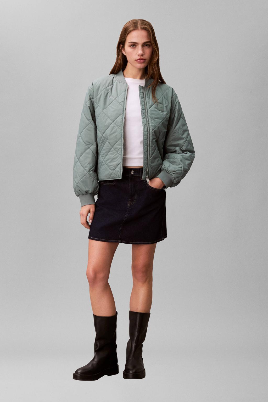 Mintgroene dames CALVIN KLEIN JEANS bomberjack van polyamide met effen, lange mouwen, opstaande kraag en ritssluiting