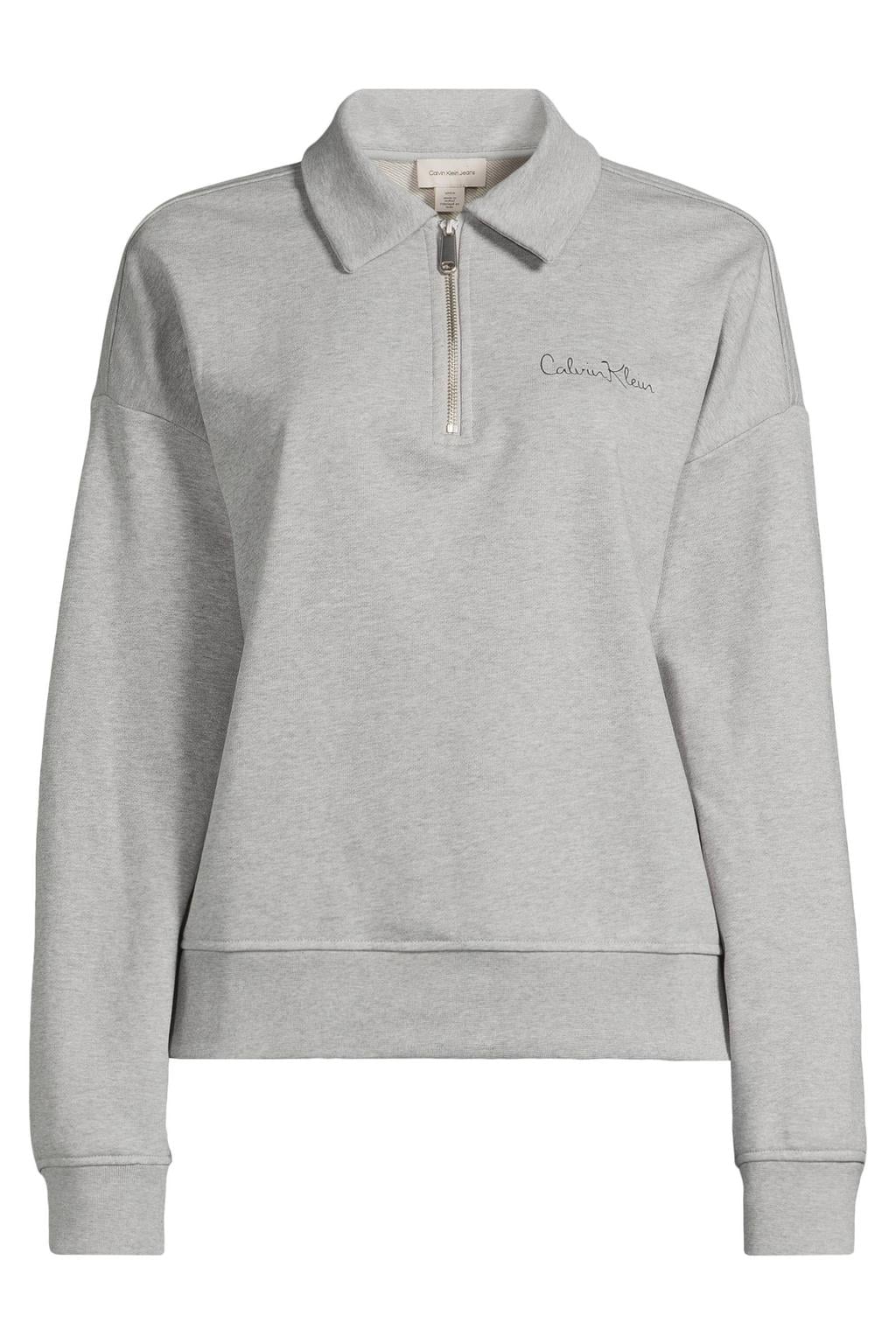 Grijze dames CALVIN KLEIN JEANS sweater met melée print, lange mouwen, klassieke kraag en ritssluiting