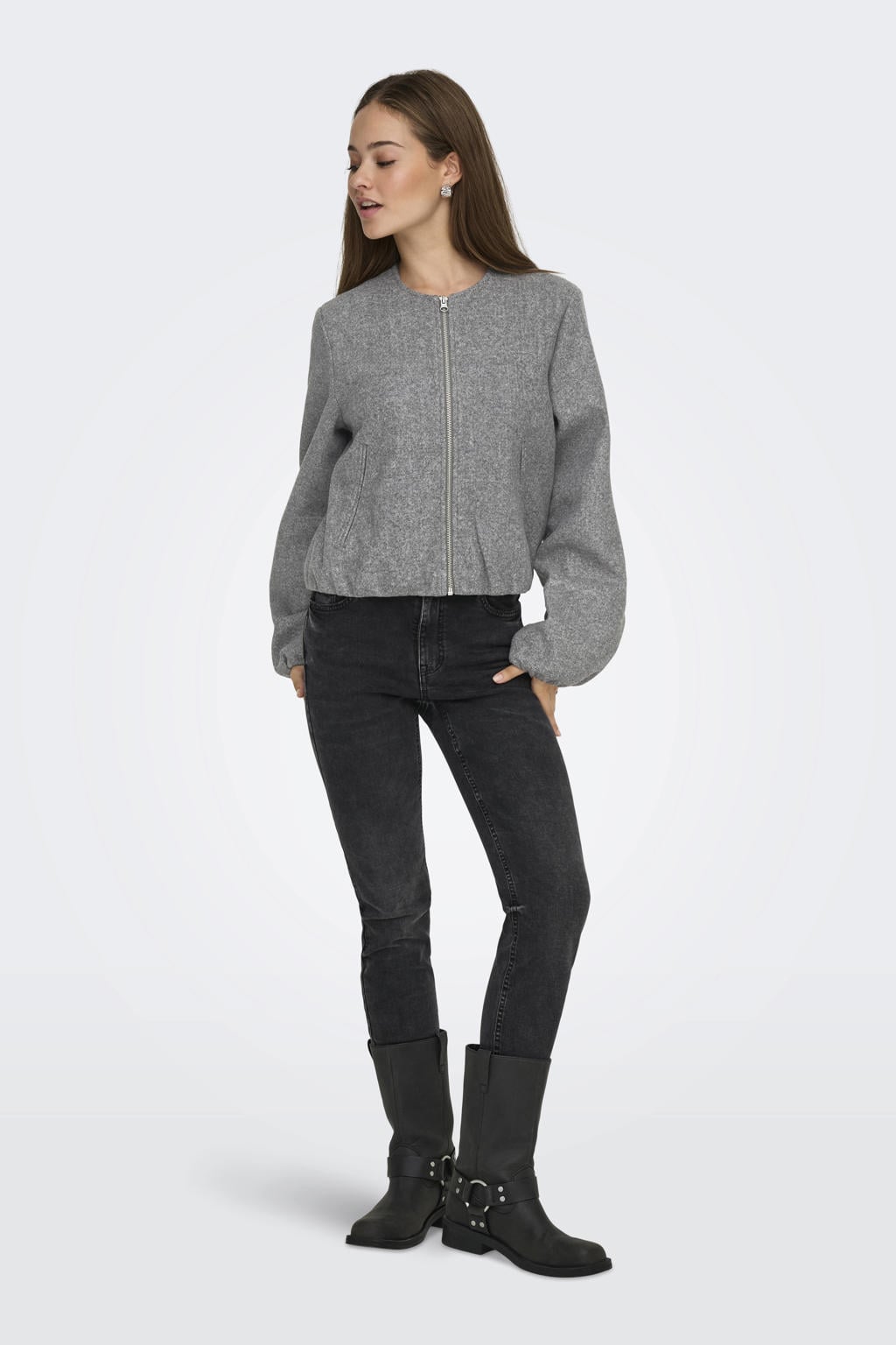 Grijs melange dames JDY jack melange van polyester met effen, lange mouwen, ronde hals en ritssluiting