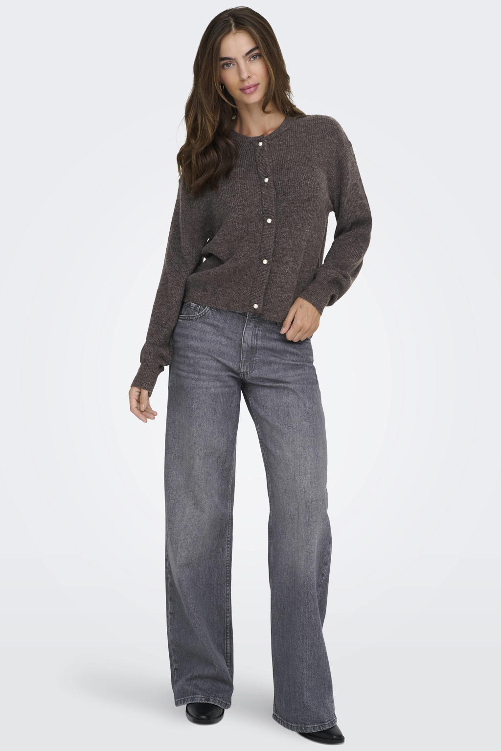 Donkerblauwe dames JDY cardigan van polyester met melée print, lange mouwen, ronde hals, knoopsluiting en parels