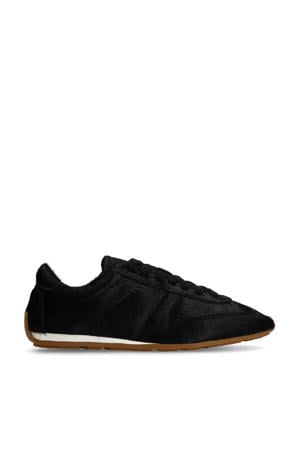leren sneakers met ponyhair zwart