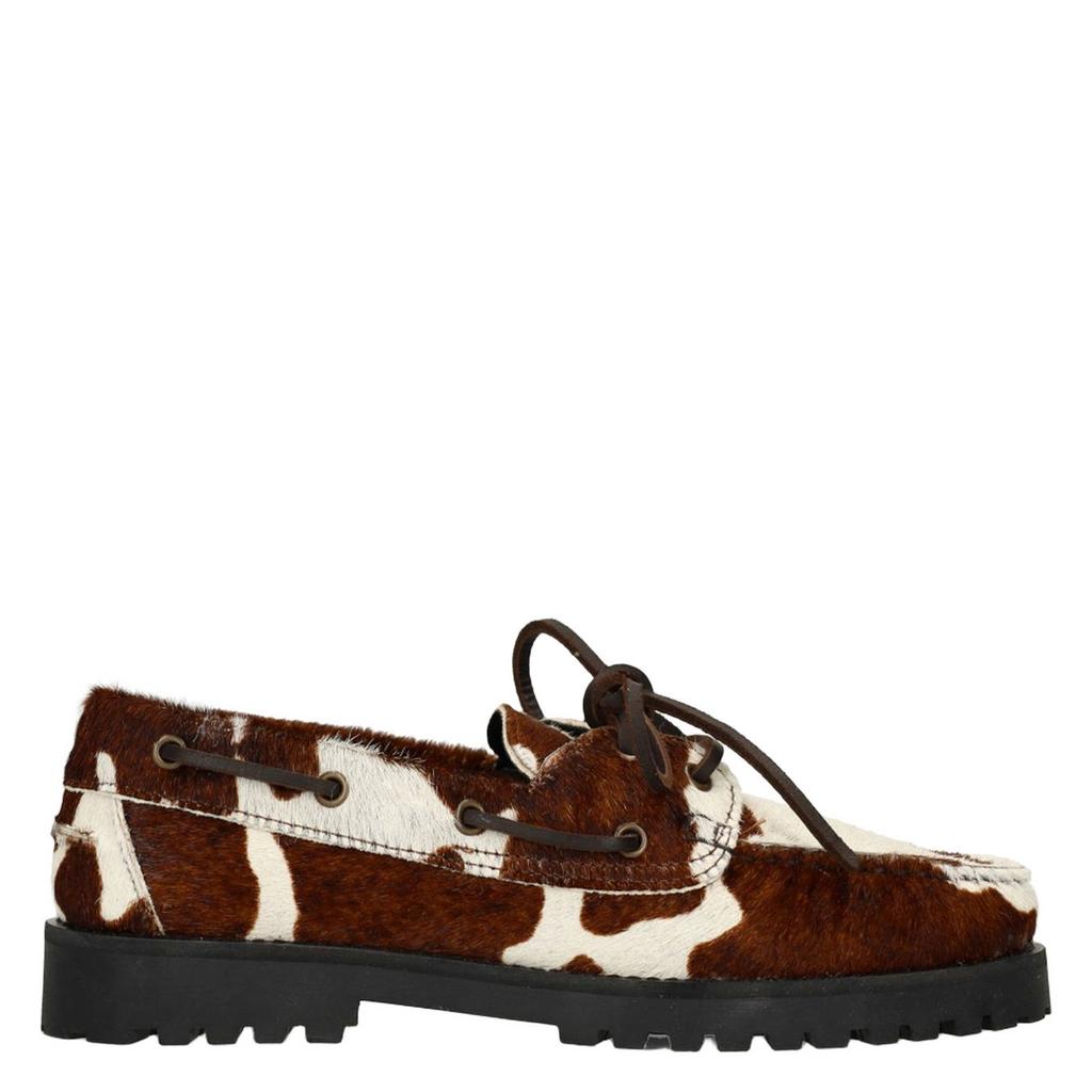 Bruin en ecru dames Sacha leren bootschoenen met ponyhair en