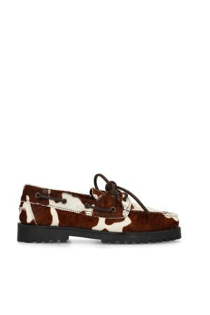 leren bootschoenen met ponyhair en koeienprint bruin/ecru