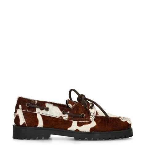Sacha leren bootschoenen met ponyhair en koeienprint bruin/ecru afbeelding