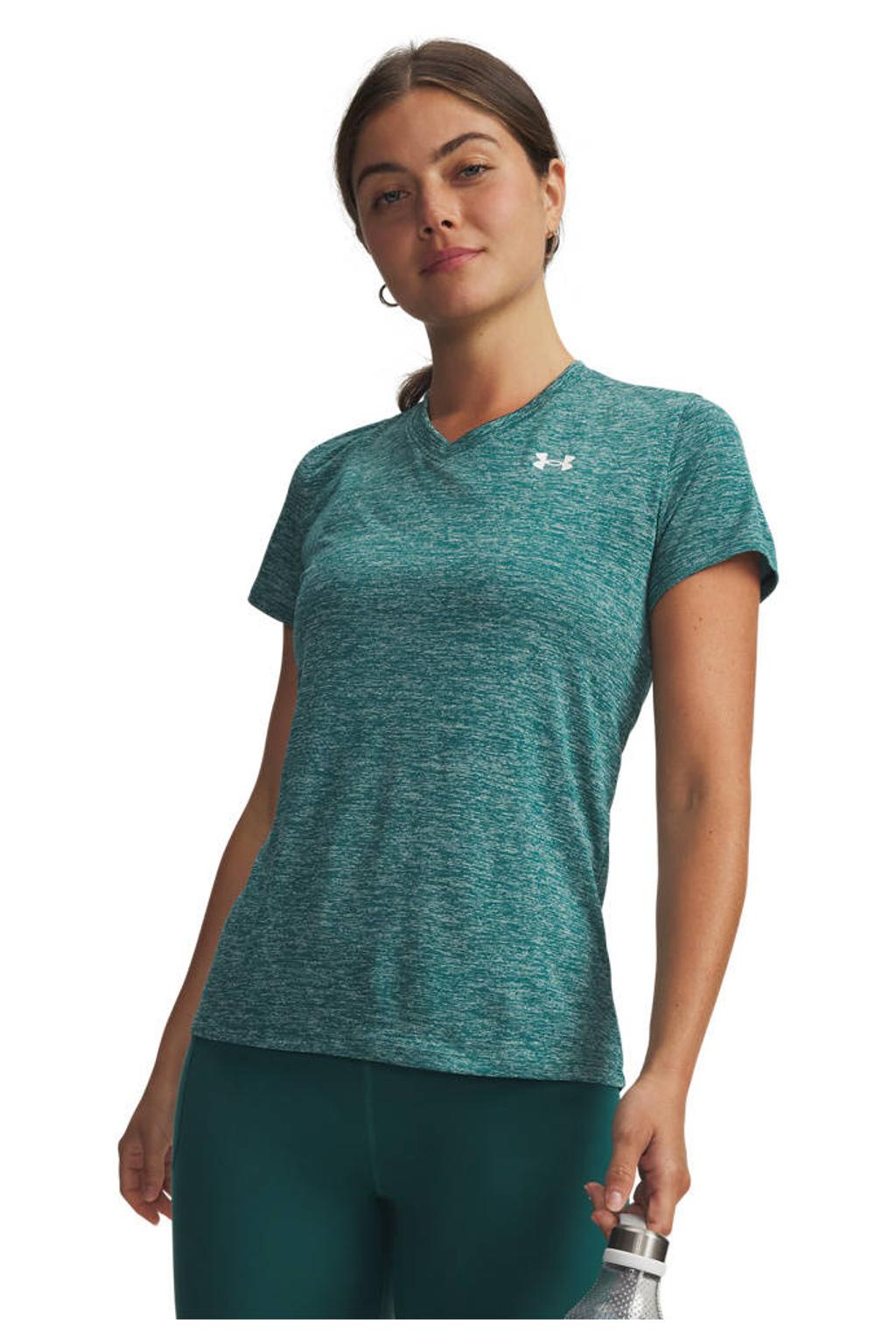 Petrolkleurige dames Under Armour sportshirt Tech Twist van polyester met korte mouwen en V-hals