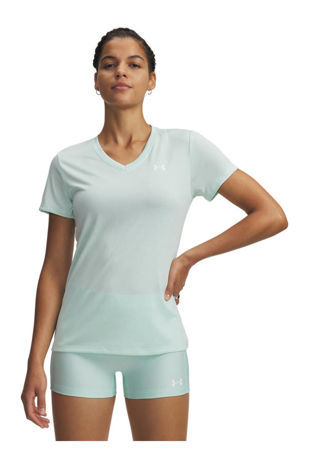 Mintgroene dames Under Armour sportshirt Tech Twist van polyester met korte mouwen en V-hals
