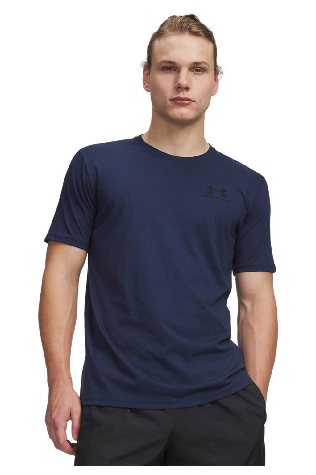 Donkerblauwe heren Under Armour sport T-shirt van katoen met logo dessin en korte mouwen