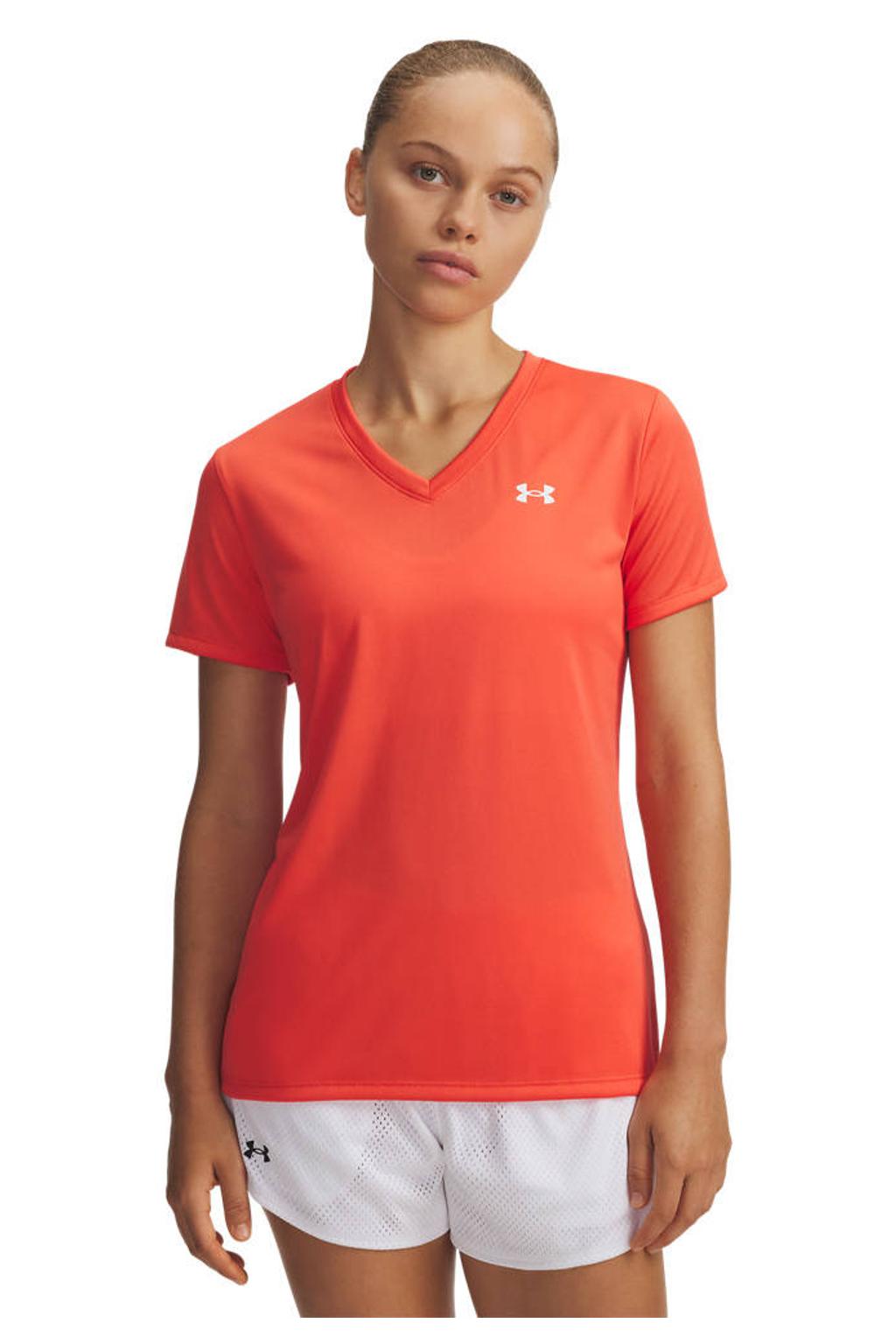 Rode dames Under Armour Tech sportshirt van polyester met effen, korte mouwen en V-hals