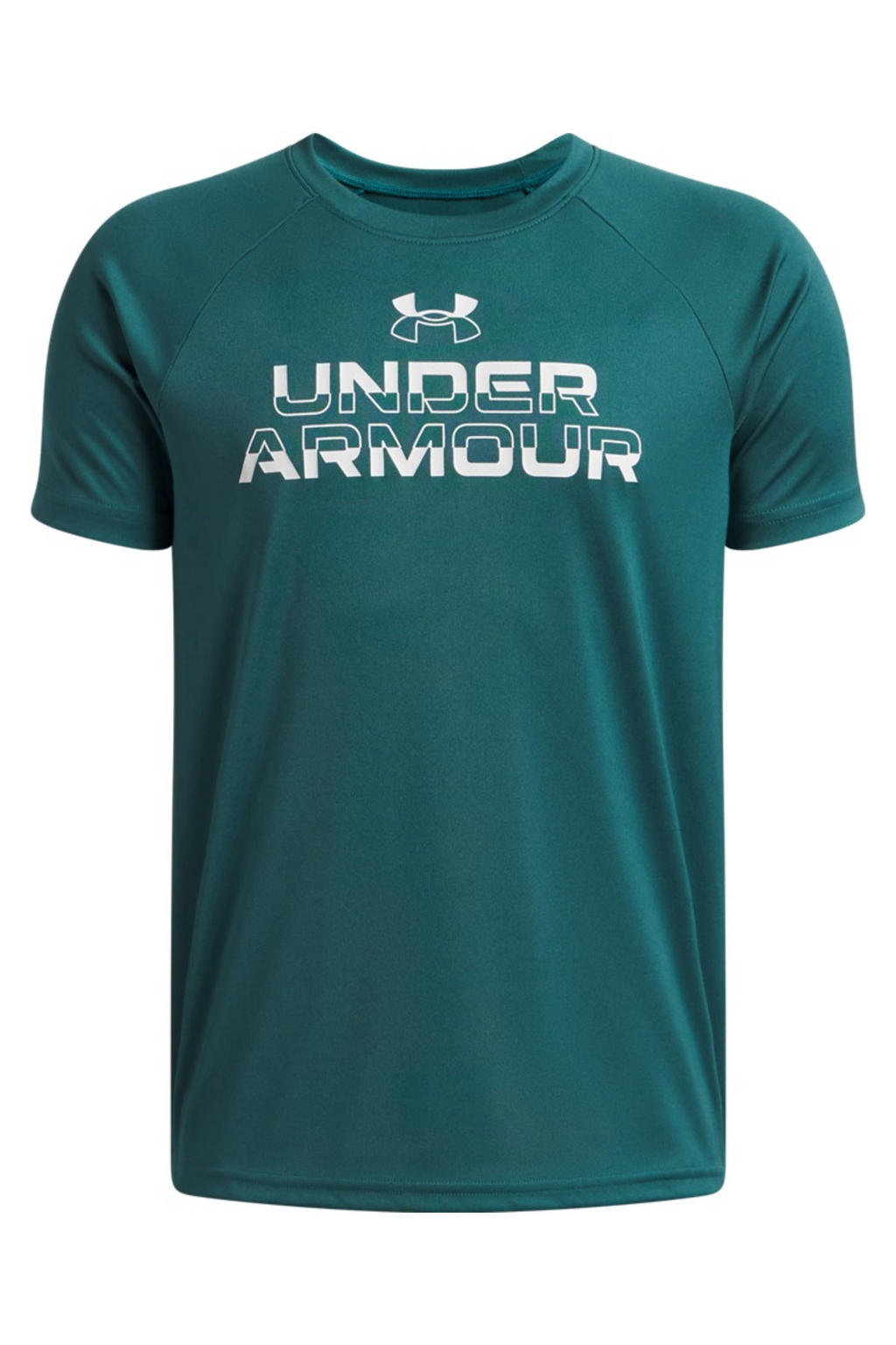 Petrolkleurige jongens en meisjes Under Armour sportshirt van polyester met printopdruk en korte mouwen
