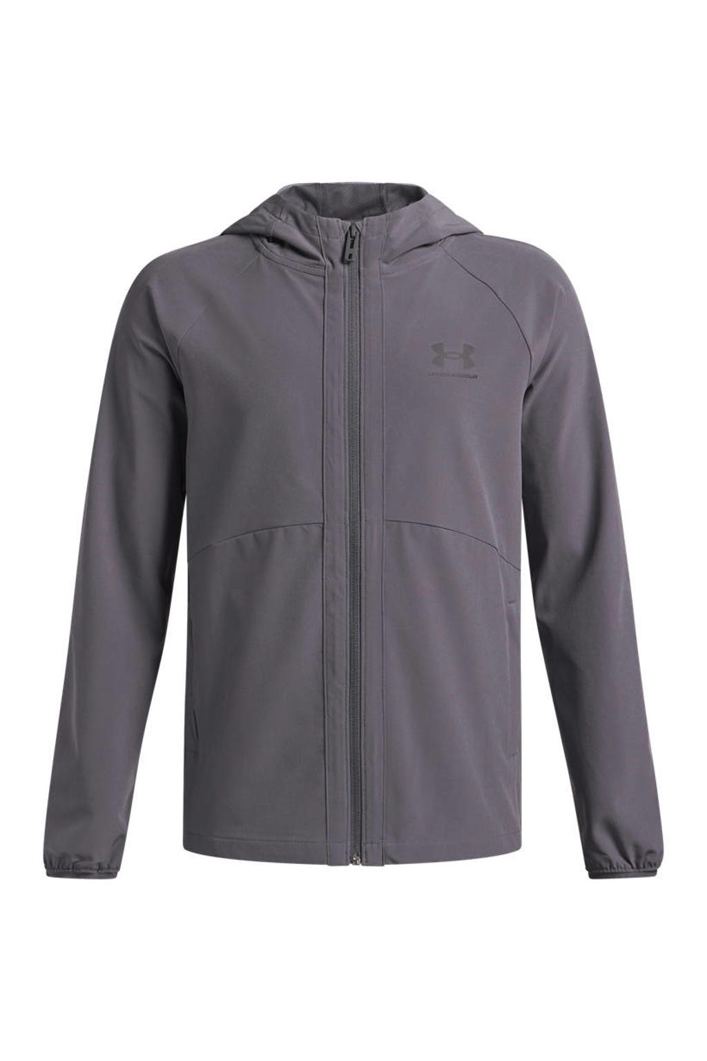 Grijze jongens Under Armour sportjas Vibe van polyester met effen, lange mouwen, capuchon en ritssluiting