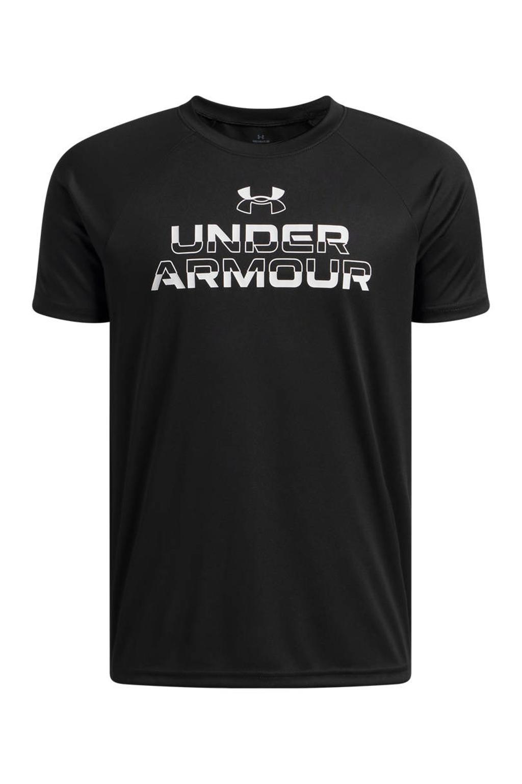 Zwarte jongens en meisjes Under Armour sportshirt van polyester met printopdruk en korte mouwen