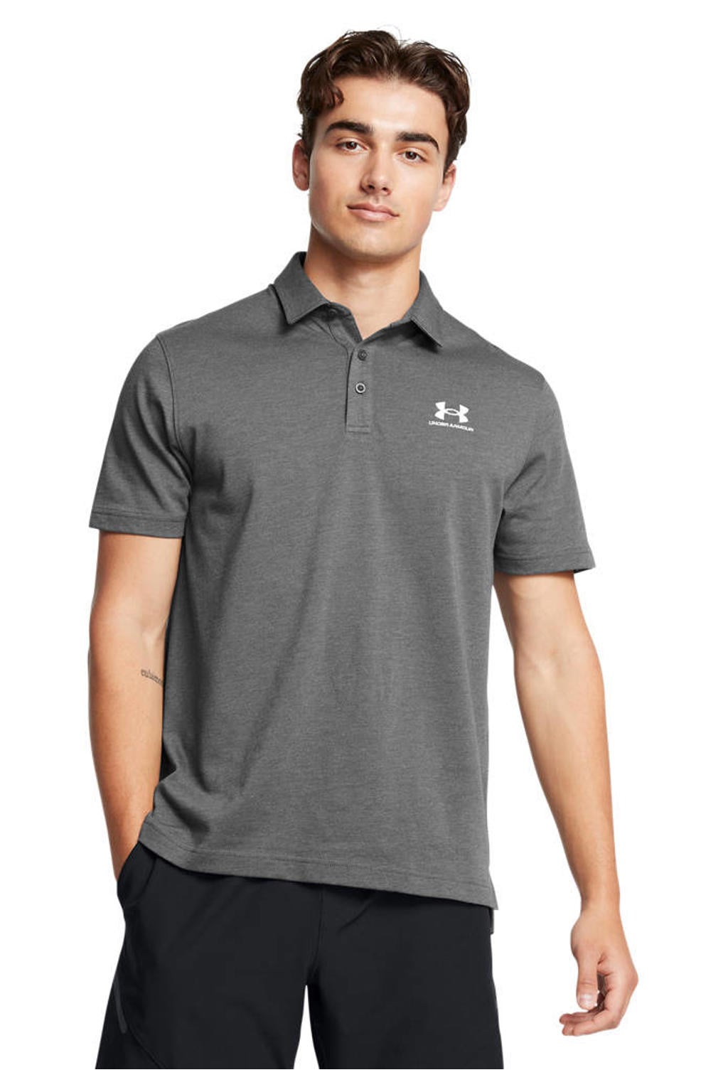 Grijze heren Under Armour Icon van polyester met korte mouwen, klassieke kraag en knoopsluiting