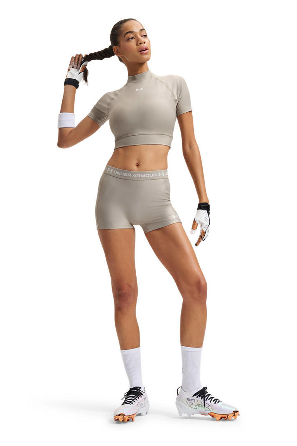 Lichtgrijze dames Under Armour Heatgear sporttop van polyester met effen en korte mouwen