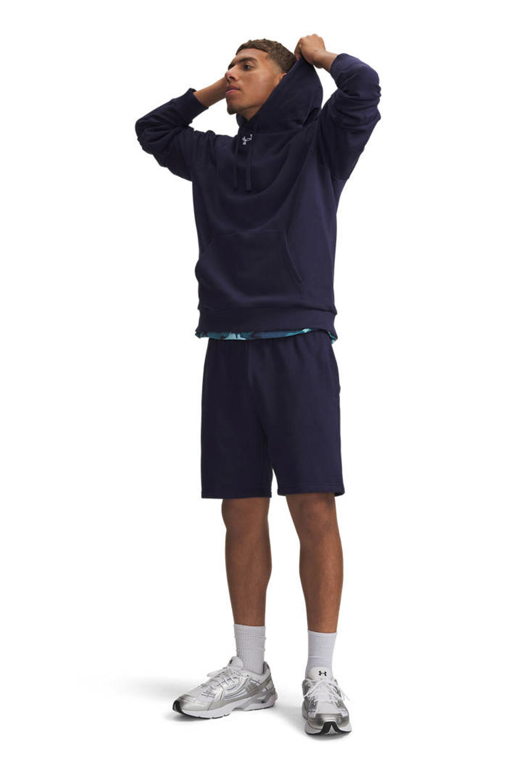 Donkerblauwe heren Under Armour relaxed sweatshort van katoen met elastische tailleband met koord en effen