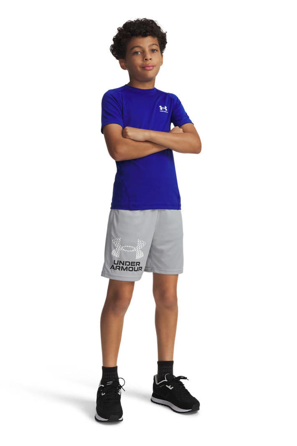 Lichtgrijze jongens Under Armour Tech logo sportshort van polyester met elastische tailleband met koord