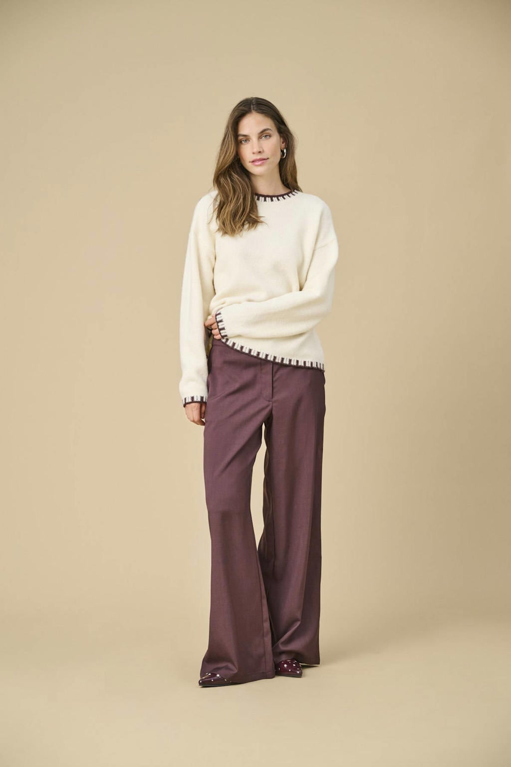 Donkerrode dames JDY wide leg high waist casual broek met rits- en knoopsluiting en effen