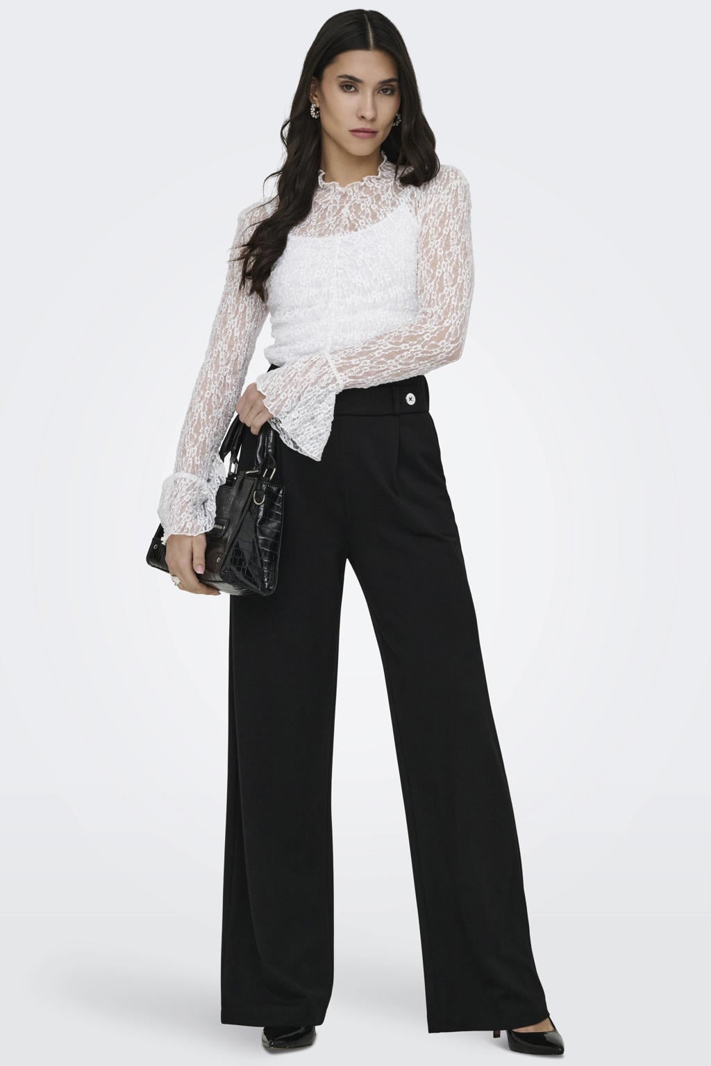 Witte dames JDY top van polyester met effen, lange mouwen, col en kant