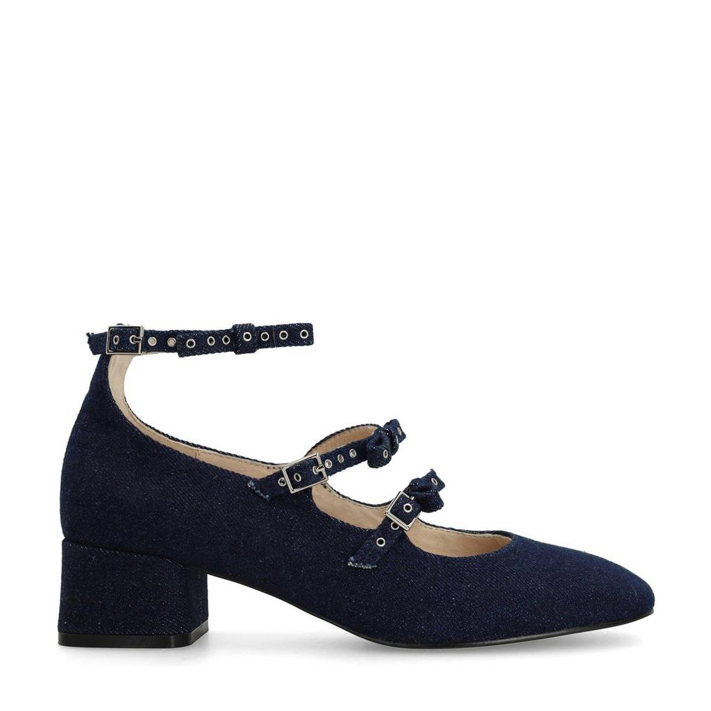 Denim en donkerblauwe dames Sacha Mary Jane's pumps van denim met gesp