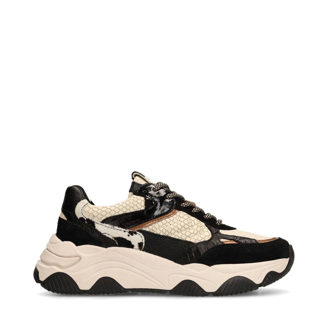 Zwart en ecru dames Sacha chunky leren sneakers met veters